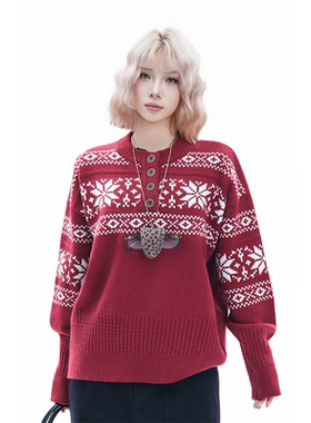 kk soul费尔岛圣诞红色毛衣女美式复古高级氛围感提花宽松针织衫