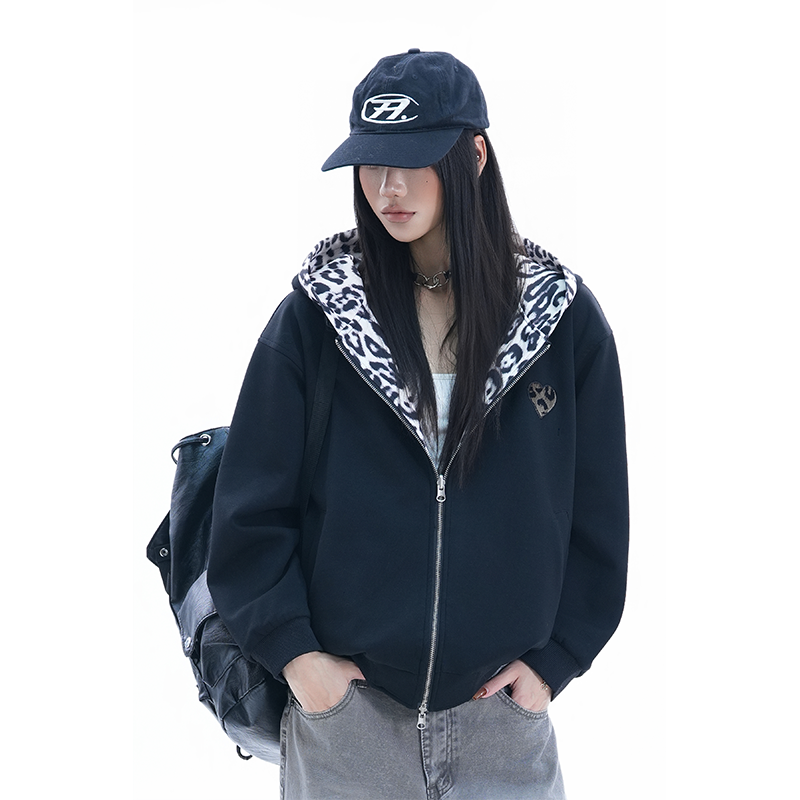 kk soul美式潮牌豹纹双面穿连帽卫衣开衫街头复古高级感宽松外套,女装/女士精品,短外套,淘宝优惠券,粉丝福利购,淘宝优惠卷