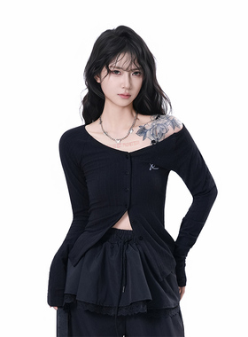 kk soul黑色露肩针织开衫女早秋修身设计辣妹内搭打底衫斜肩上衣