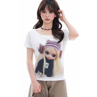 新款 T恤女夏季 慵懒感显瘦短上衣 soul可爱芭比娃娃印花斜肩短袖