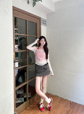 kk soul两件套红色纯欲风网纱透视防晒罩衫上衣挂脖吊带背心甜辣