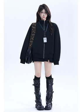 kk soul美式简约黑色拉链开衫卫衣女秋季新款宽松中性风情侣外套