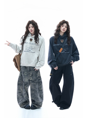 kk soul美式高街水洗做旧黑色连帽卫衣女秋冬季oversize慵懒帽衫