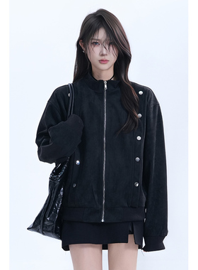 kk soul美式复古金属解构黑色立领外套女秋季小众设计感宽松夹克