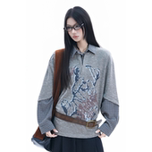 soul美式 复古小熊涂鸦印花假两件长袖 罩衫 格纹拼接衬衫 领上衣