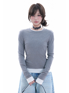 kk soul韩系简约百搭纯色假两件T恤小众撞色修身收腰内搭辣妹上衣