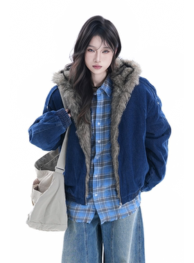 kk soul美式复古座山雕牛仔棉服外套女冬季新款加厚保暖宽松夹克