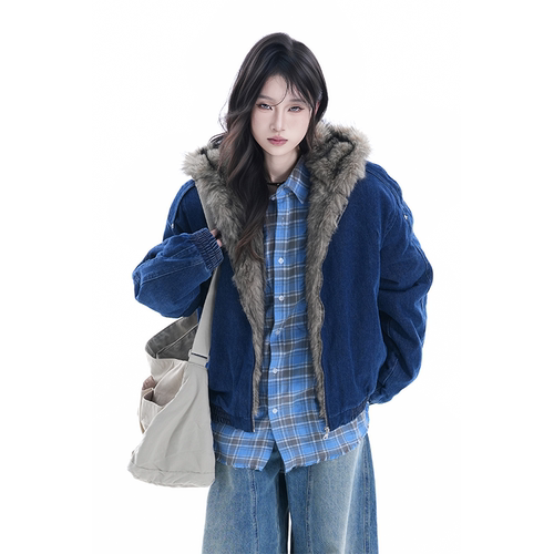 kk soul美式复古座山雕牛仔棉服外套女冬季新款加厚保暖宽松夹克