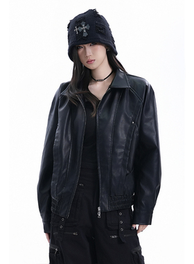 kk soul美式复古黑色PU皮夹克女潮牌街头痞帅机车服宽松情侣外套