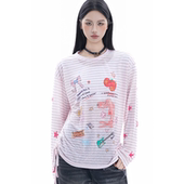 潮 T恤女宽松甜酷ins风卡通印花罩衫 soul春季 微透条纹涂鸦长袖