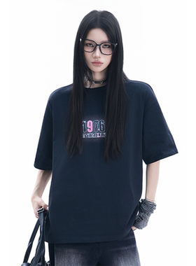 kk soul中性风纯棉宽松小众重磅半袖数字印花黑色美式情侣上衣