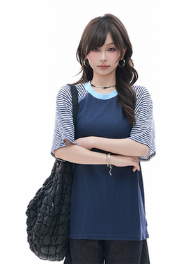 kk soul美式学院风条纹插肩撞色短袖T恤夏季宽松透气防晒罩衫上衣