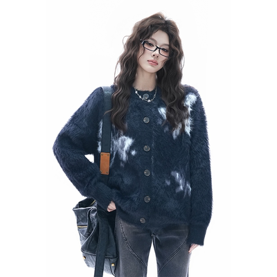 kk soul美式蝴蝶提花黑色马海毛衣女冬季新款慵懒风针织开衫外套