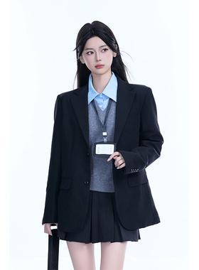 kk soul学院风高级感黑色西装外套女设计感通勤穿搭休闲宽松西服