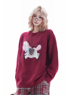 kk soul圣诞跨年氛围感红色圆领毛衣复古毛绒小狗软糯宽松针织衫