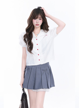 kk soul甜美红色刺绣海军领泡泡袖短袖T恤夏季小清新小众短款上衣