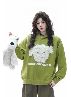 kk soul美式可爱毛绒小狗连帽卫衣女冬季新款设计感宽松休闲帽衫