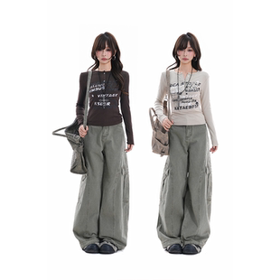 辣妹打底衫 T恤女亨利领修身 长袖 上衣 soul复古高街字母印花短款