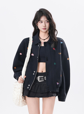kk soul2025秋季新款美式学院风上衣外套黑色小花刺绣翻领夹克女