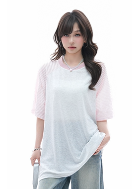 kk soul美式慵懒风条纹插肩袖T恤女夏季设计感宽松半袖罩衫上衣潮