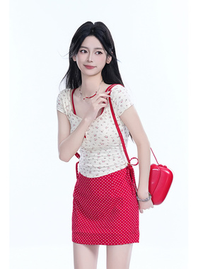 kk soul夏季碎花红色田园风修身显白吊带上衣高腰波点a字半身短裙