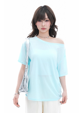 kk soul春季松弛感一字肩短袖T恤女夏季薄款宽松微透蓝色防晒罩衫