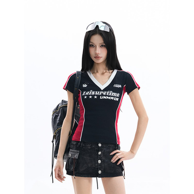 kk soul美式V领正肩球衣风辣妹短袖T恤复古撞色运动风修身上衣女