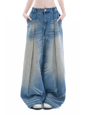kk soul美式街头龙猫须阔腿蓝色牛仔裤女潮牌宽松百搭拖地裤长裤