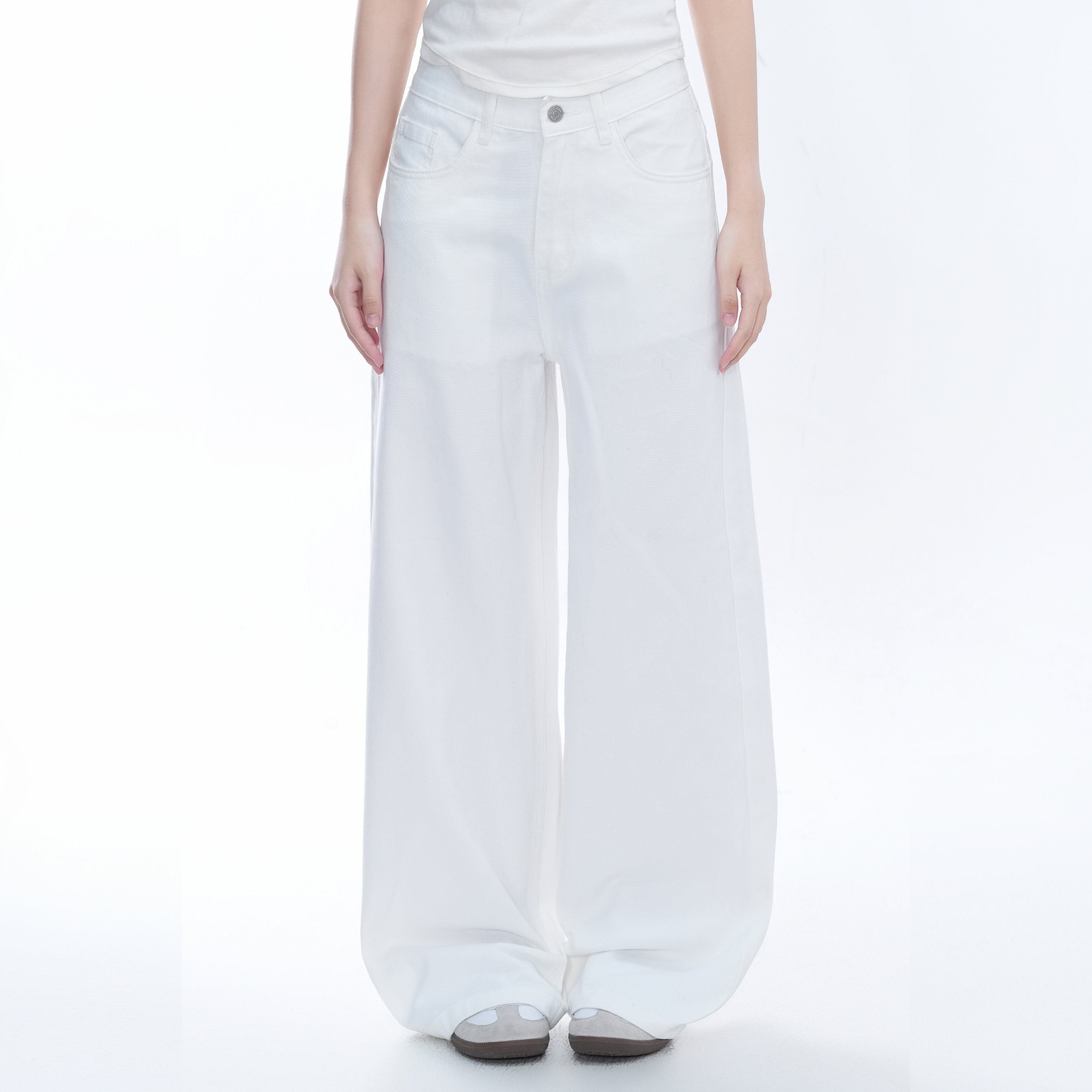 kk soul时尚简约白色牛仔裤女夏季新款高腰宽松直筒阔腿拖地长裤