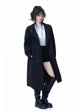 kk soul美式高智感黑色中长款风衣外套女初秋新款宽松高级感大衣
