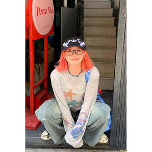 罩衫 soul美式 复古涂鸦印花长袖 慵懒风防晒T恤上衣 女早秋薄款