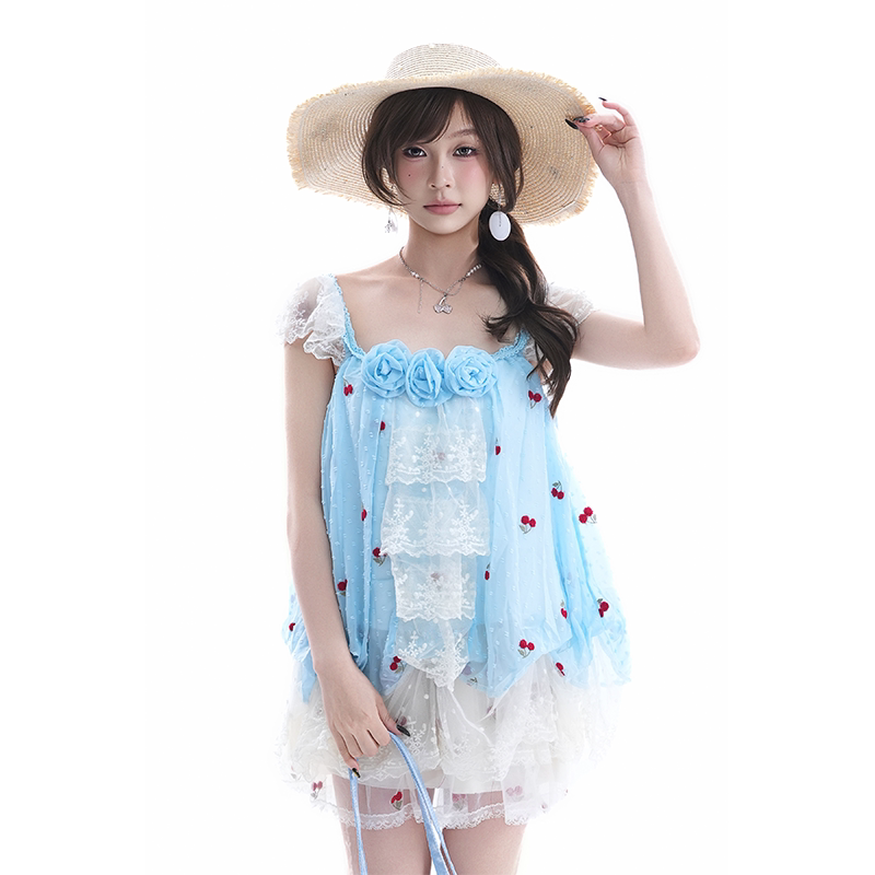 kk soul夏季甜美小清新立体花朵蕾丝小飞袖上衣可爱樱桃蛋糕短裙