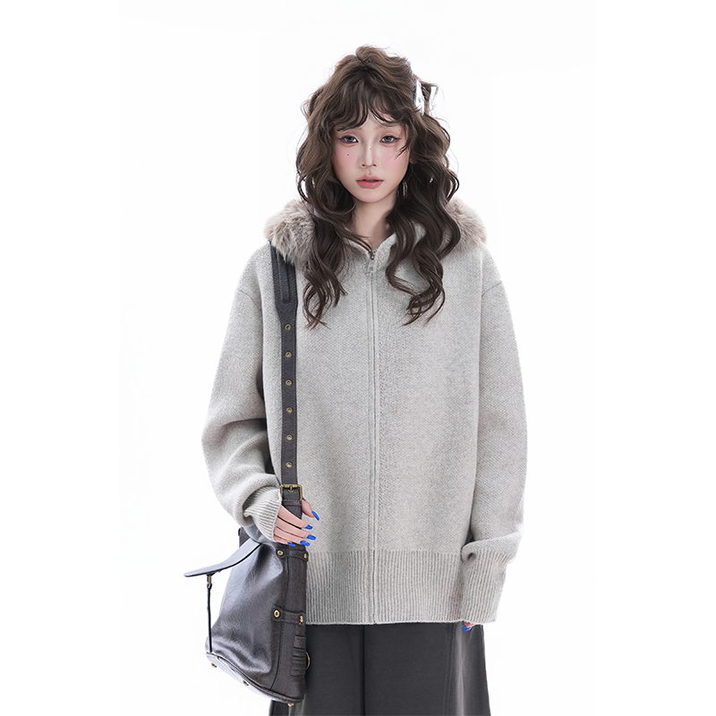 kk soul韩系甜美座山雕毛领连帽针织开衫女秋冬慵懒风软糯外套ins