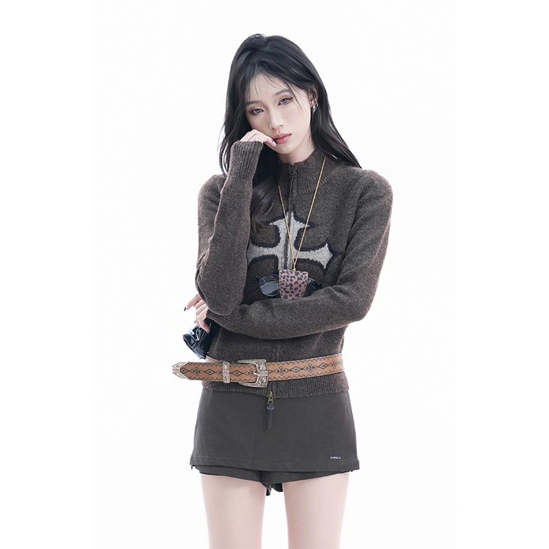 kk soul美式复古十字架暗黑风立领毛衣女秋冬短款打底针织衫外套