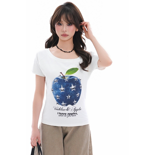 T恤女斜肩显瘦辣妹风设计感小众上衣 复古苹果印花短袖 soul美式