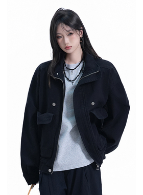 kk soul美式复古大口袋黑色工装外套女秋季设计感宽松休闲风夹克
