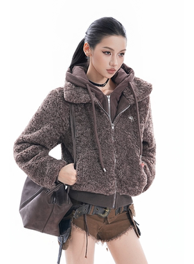 kk soul美式复古毛茸茸拼接假两件叠穿短款棉服小恶魔设计感外套