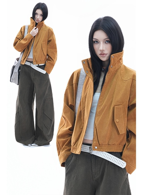 kk soul复古摩登风麂皮绒翻领短款夹克女美式高级感廓形工装外套