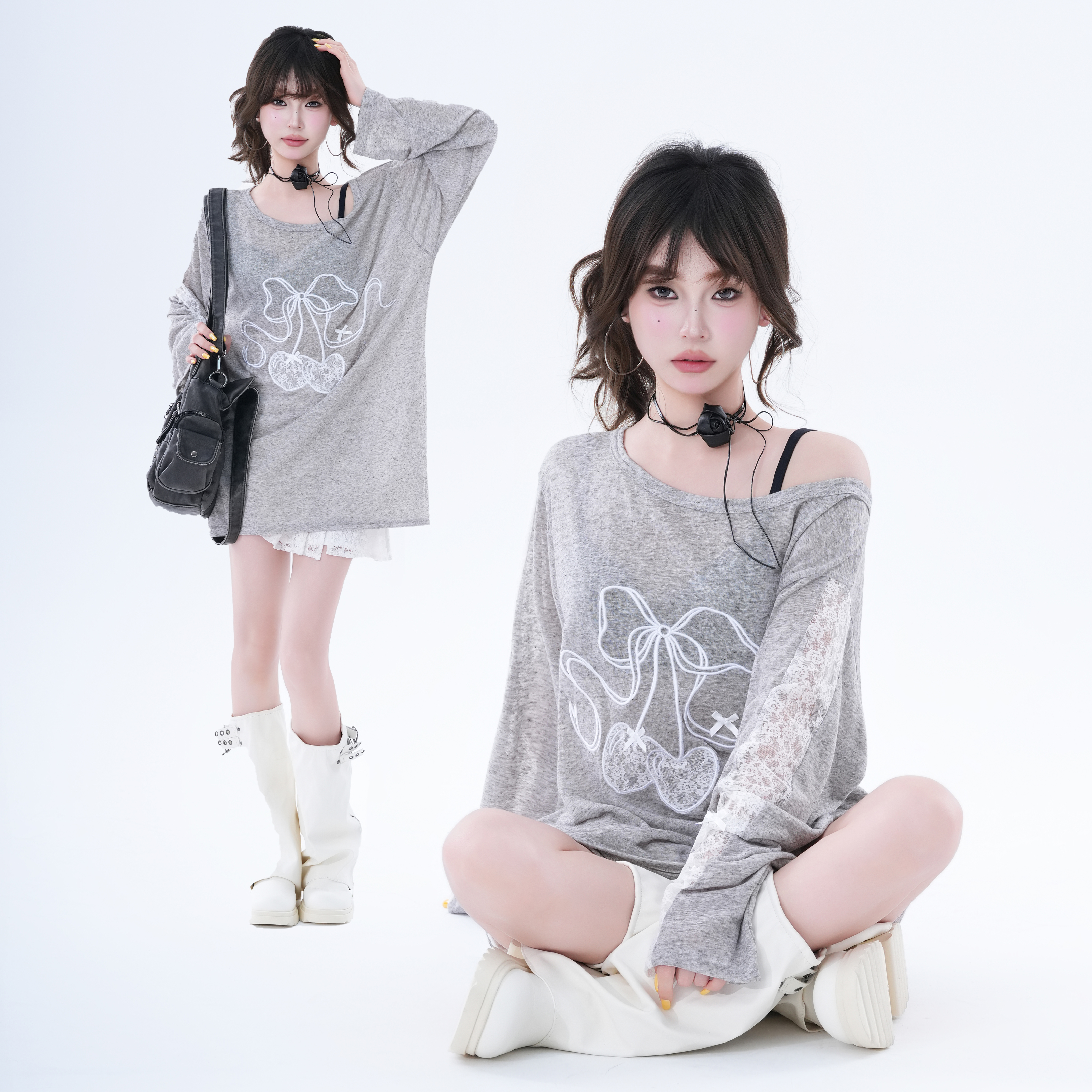 kk soul甜美少女樱桃印花露肩长袖T恤女小众宽松休闲微透罩衫上衣