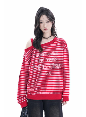 kk soul美式辣妹斜肩设计感长袖卫衣红色chic慵懒风条纹百搭上衣