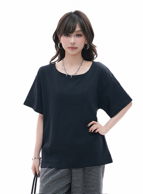 kk soul黑色慵懒简约松弛感春季上衣百搭基础款斜肩设计感短袖T恤