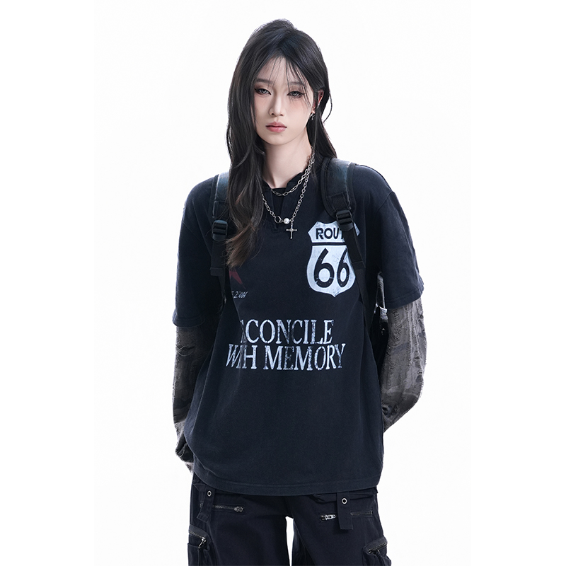 kk soul美式复古水洗做旧假两件长袖T恤潮牌迷彩磨破设计情侣上衣