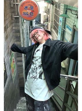 kk soul美式复古黑色翻领工装机车cleanfit情侣夹克外套小众上衣