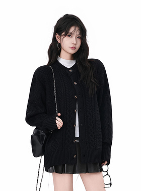 kk soul美式复古黑色毛衣外套女秋冬新款宽松慵懒风针织衫上衣潮