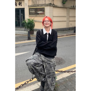 学院风假两件半拉链撞色翻领卫衣女宽松慵懒外套上衣 soul美式