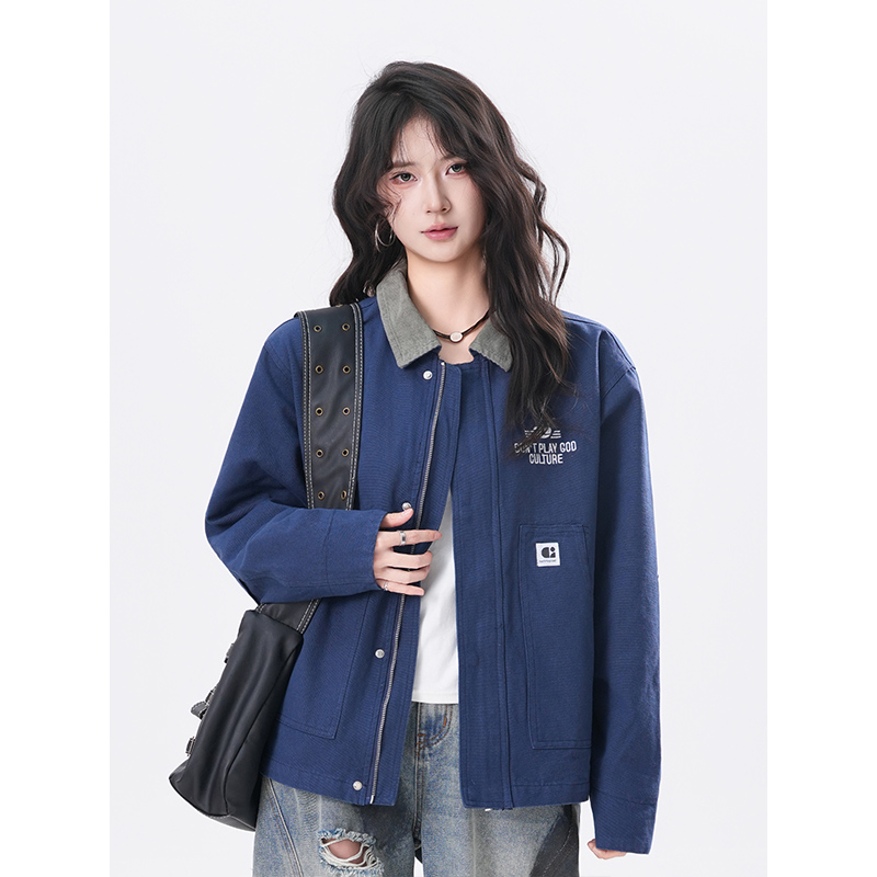 kk soul复古做旧字母印花拼色翻领夹克2025秋季新款休闲上衣外套