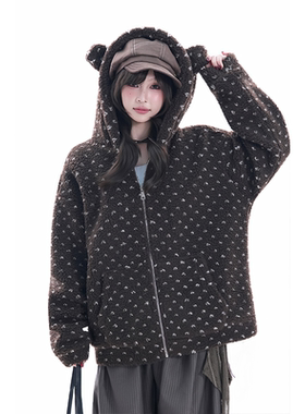 kk soul韩系甜美羊羔绒连帽棉服女春季学院风慵懒感超好看外套潮