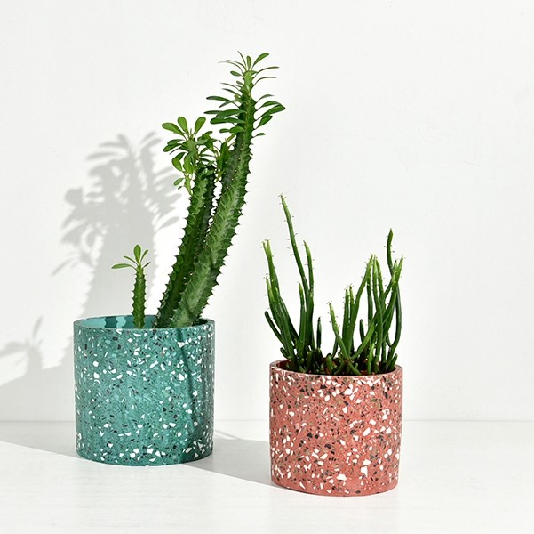 绿色圆形水磨石小花器长方形圆柱小花盆石制北欧风粉色摆件样板房