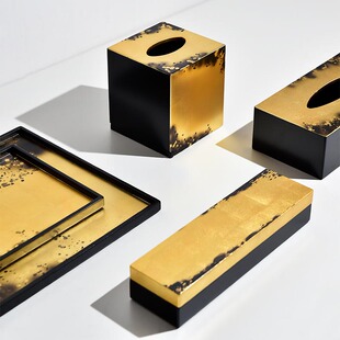 东南亚进口黑色边框金箔新中式长方形薄托盘纸巾盒餐巾盒摆件大号