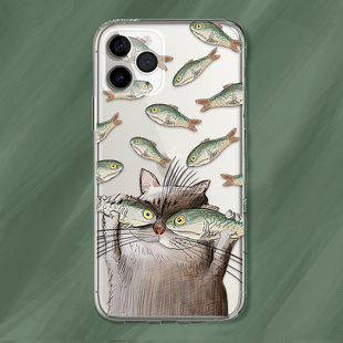新款情侣闺蜜手绘搞笑猫咪与小鱼高级感苹果17promax适用iphone16pro透明13min/xs15镜头全包xr软12min手机壳